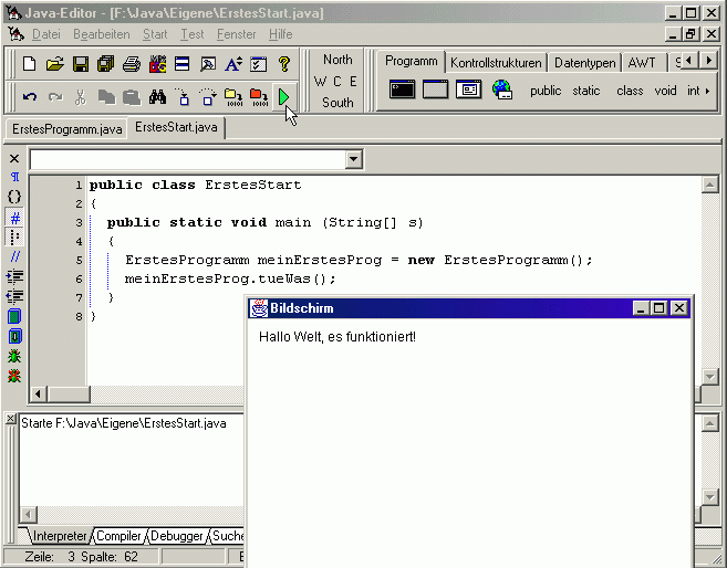 Erfolgreiche Ausführung mit ErstesStart im Java-Editor